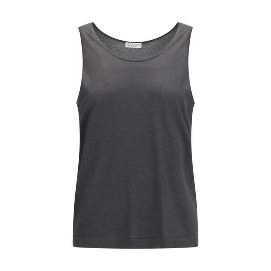 Tank Top by Brunello Cucinelli for women in silk cashmere & polyester gray showcases a perennial silhouette, artfully detailed with a sleeveless design and a perennial round neckline.