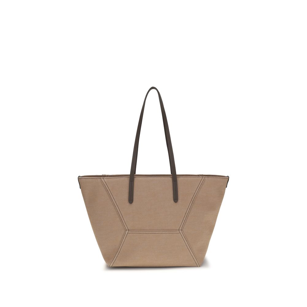 Shoulder Trapeze Handbag by Brunello Cucinelli for women in poly cotton canvas & leather beige features a signature silhouette, showcasing a secure and signature with versatile shoulder-strap & handle for a sophisticated look.