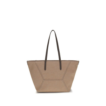 Shoulder Trapeze Handbag by Brunello Cucinelli for women in poly cotton canvas & leather beige features a signature silhouette, showcasing a secure and signature with versatile shoulder-strap & handle for a sophisticated look.
