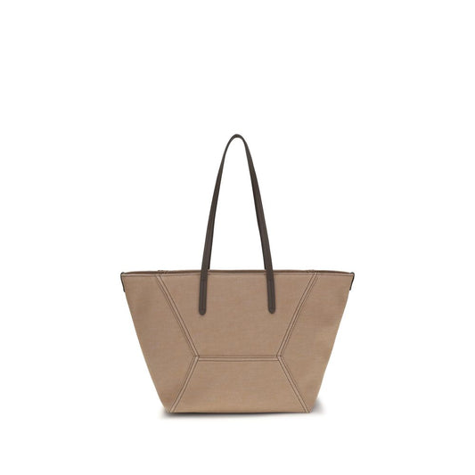 Shoulder Trapeze Handbag by Brunello Cucinelli for women in poly cotton canvas & leather beige features a signature silhouette, showcasing a secure and signature with versatile shoulder-strap & handle for a sophisticated look.