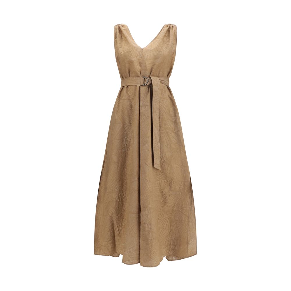 Dress by Brunello Cucinelli for women in polyamide & cotton beige, patterned, floral & signature features an cute silhouette, detailed with a sleeveless and that elegantly flows into a cute midi.