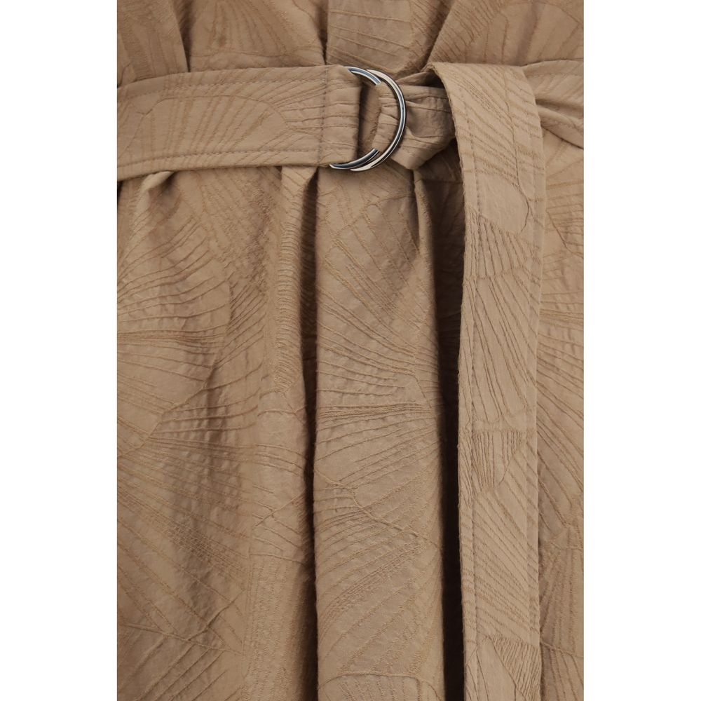 Dress by Brunello Cucinelli for women in polyamide & cotton beige, patterned, floral & signature features a dramatic silhouette, showcasing an elegant and that flows into a dramatic midi.