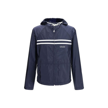 Hooded Windbreaker Jacket by Prada for men in nylon blue showcases a urban chic silhouette, detailed with a urban chic hooded neckline and functional pockets, hooded & windproof for a polished finish.