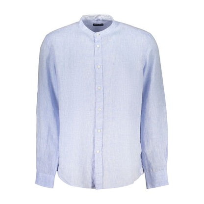 Shirt by North Sails for men in linen blue features an polished silhouette, showcasing a sophisticated mandarin neckline and long-sleeve detail for a truly polished finish.