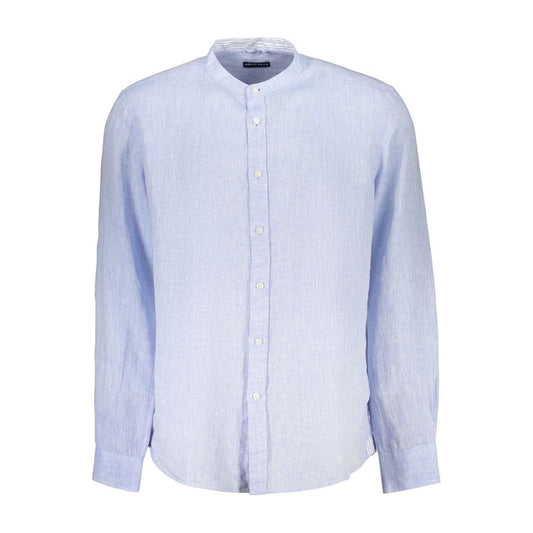 Shirt by North Sails for men in linen blue features an polished silhouette, showcasing a sophisticated mandarin neckline and long-sleeve detail for a truly polished finish.
