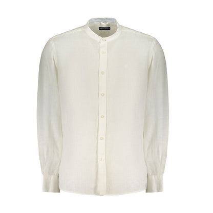 Shirt by North Sails for men in linen white presents a discerning silhouette, showcasing a sophisticated mandarin neckline and long-sleeve for a truly discerning finish.