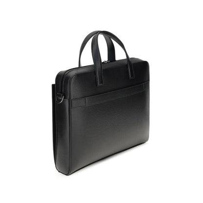 Large Briefcase by Ferragamo for men in bos taurus calf leather black & jacquard features a architectural silhouette, showcasing the Gancini Ribbon Bos Taurus Calf Leather Large Briefcase design with a secure magnetic, ample external-pockets, and versatile shoulder-strap, adjustable-strap & handle.