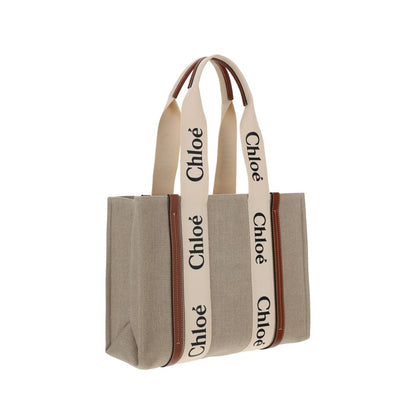 Shoulder Handbag by Chloé for women in linen & leather beige, signature, monogram & print features a signature silhouette, showcasing a secure and signature with versatile shoulder-strap, handle & adjustable-strap for a sophisticated look.