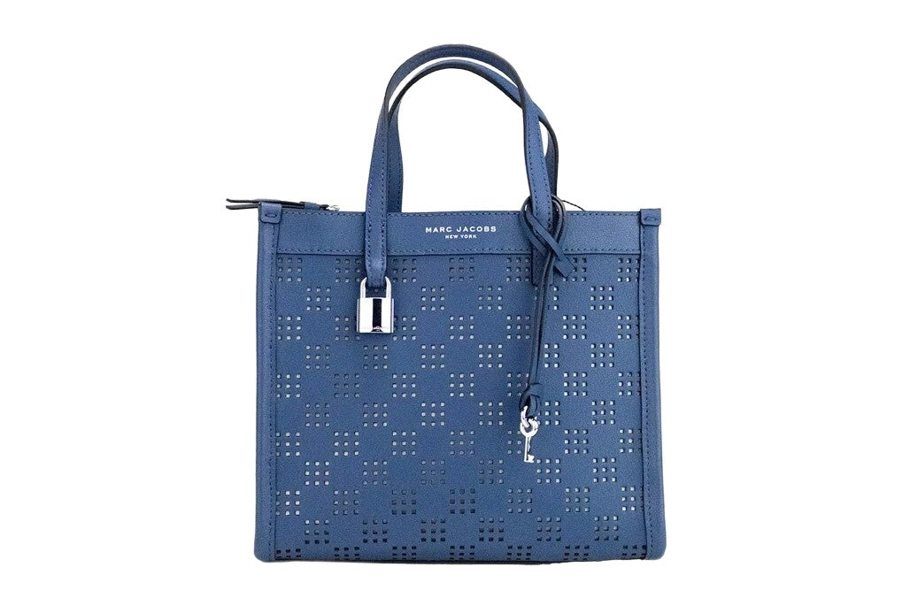 Mini Crossbody Tote Handbag by Marc Jacobs for women in pebbled leather blue, green & silver showcases a versatile sophistication silhouette, featuring a secure zipper, versatile sophistication , and versatile crossbody-strap, adjustable-strap, detachable-strap & handle for a versatile sophistication finish.