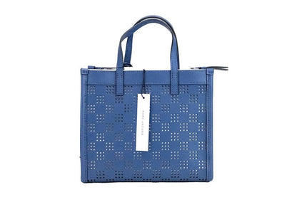 Mini Crossbody Tote Handbag by Marc Jacobs for women in pebbled leather blue, green & silver features an versatile silhouette, showcasing a secure zipper and versatile with versatile crossbody-strap, adjustable-strap, detachable-strap & handle for a versatile finish.