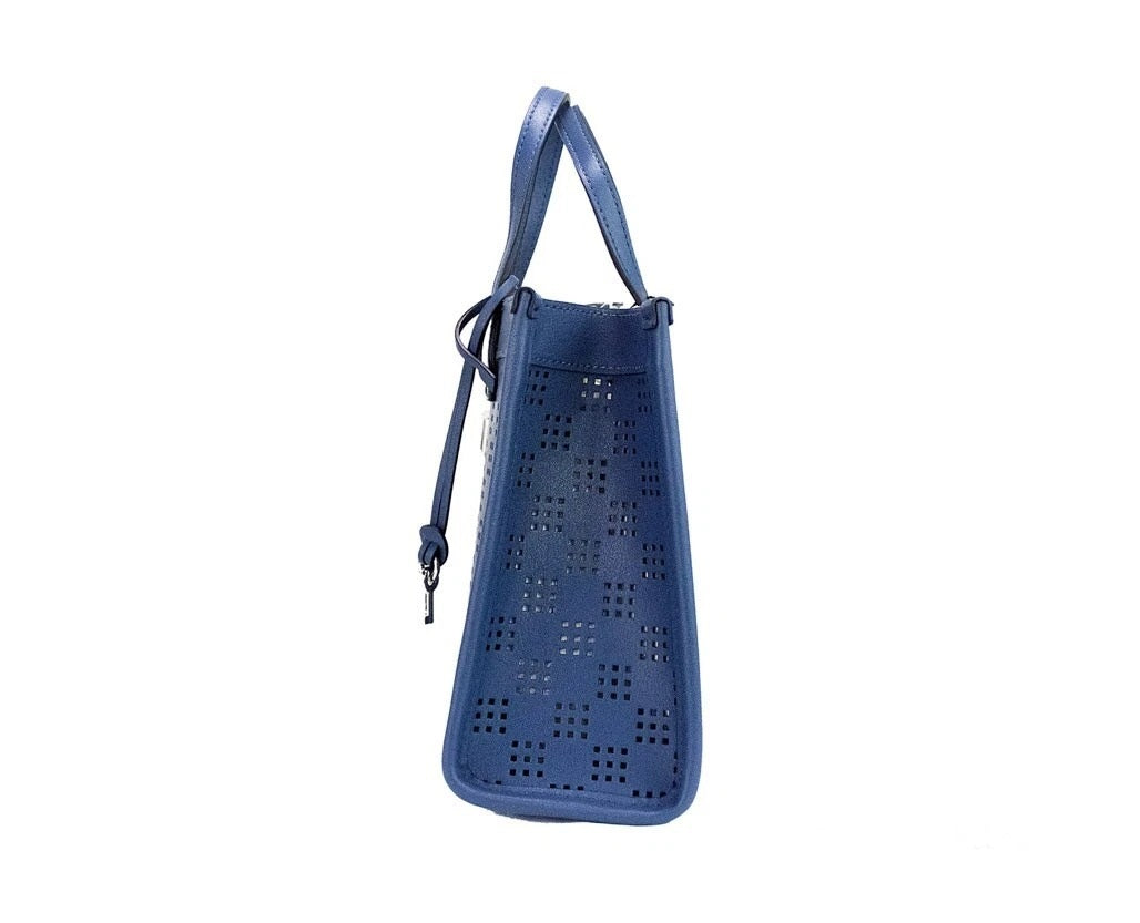 Mini Crossbody Tote Handbag by Marc Jacobs for women in pebbled leather blue, green & silver features a transformative elegance silhouette, showcasing a secure zipper, organized , and versatile crossbody-strap, adjustable-strap, detachable-strap & handle for a transformative elegance look.
