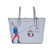 Medium Travel Tote Bag by Michael Kors for women in synthetic polyurethane leather silver, white, patterned & signature features a jet-set Jet Set Travel Synthetic Polyurethane Leather Medium Tote Bag design, complete with a secure hook, ample , and versatile handle for a jet-set look.