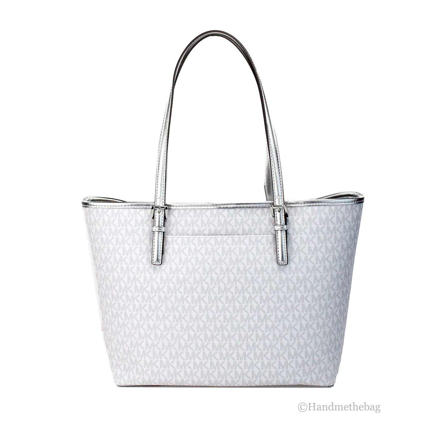 This Medium Travel Tote Bag by Michael Kors for women in synthetic polyurethane leather silver, white, patterned & signature features an jet-set Jet Set Travel Synthetic Polyurethane Leather Medium Tote Bag design with a secure hook, ample , and jet-set handle.