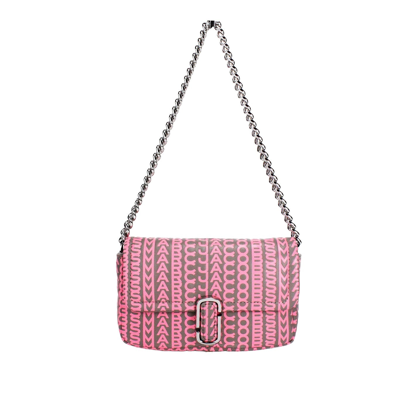 Mini 2-in-1 Shoulder & Crossbody Travel Handbag by Marc Jacobs for women in leather pink, silver, patterned & monogram features a transformative elegance silhouette, showcasing a secure zipper & magnetic, organized cardholder, and versatile crossbody-strap, shoulder-strap & adjustable-strap for a transformative elegance look.