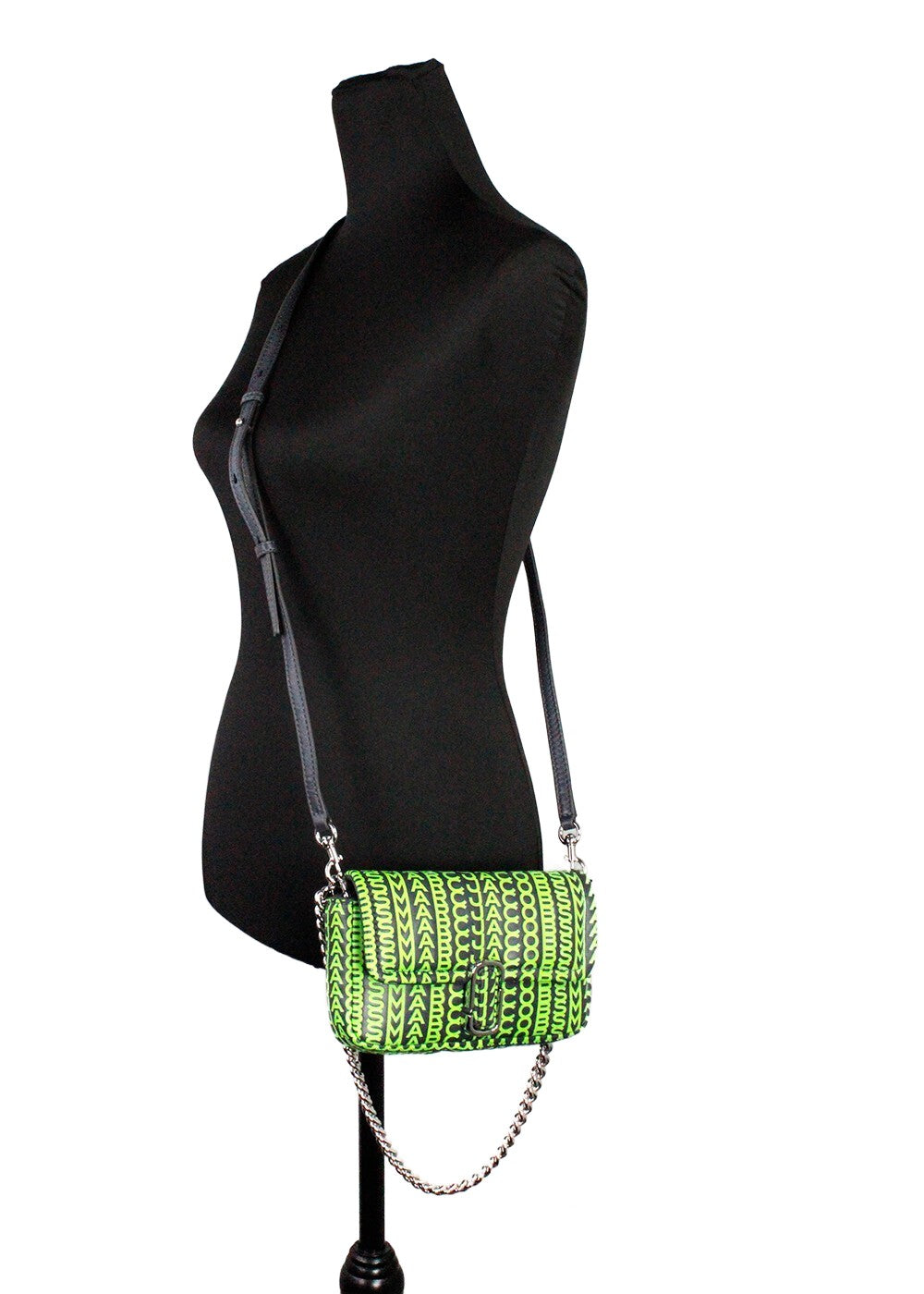 Mini 2-in-1 Shoulder & Crossbody Handbag by Marc Jacobs for women in leather green, silver, patterned & monogram features a versatile chic silhouette, meticulously detailed with a secure zipper & magnetic, ample cardholder, and versatile crossbody-strap, shoulder-strap, adjustable-strap & detachable-strap.