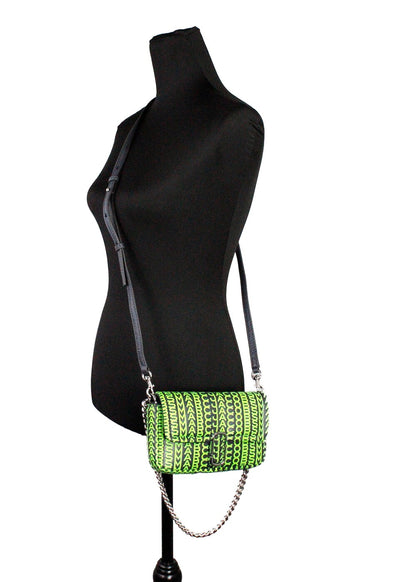 Mini 2-in-1 Shoulder & Crossbody Handbag by Marc Jacobs for women in leather green, silver, patterned & monogram features a versatile chic silhouette, meticulously detailed with a secure zipper & magnetic, ample cardholder, and versatile crossbody-strap, shoulder-strap, adjustable-strap & detachable-strap.