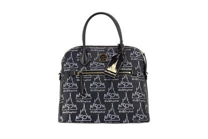 Medium Crossbody Satchel Handbag by Dooney & Bourke for women in leather black, gold, red & patterned presents a ornamental silhouette, showcasing a secure zipper, ample , and versatile crossbody-strap, adjustable-strap & detachable-strap for a ornamental finish.
