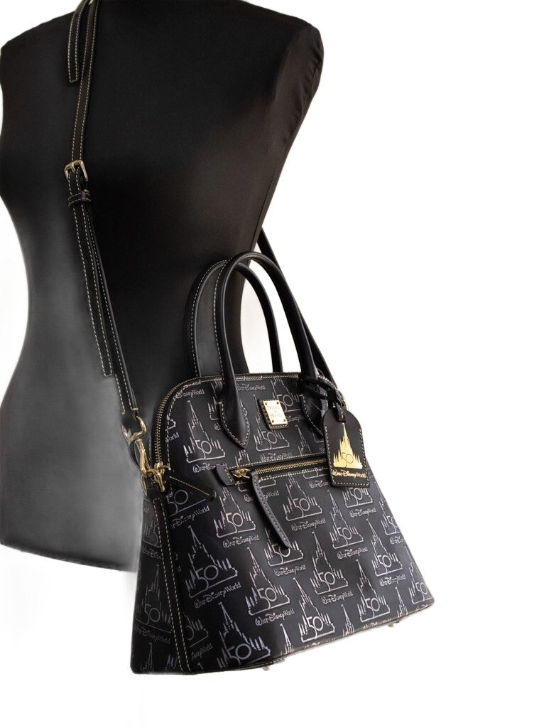 Medium Crossbody Satchel Handbag by Dooney & Bourke for women in leather black, gold, red & patterned features a exquisite silhouette, showcasing a secure zipper and exquisite with versatile crossbody-strap, adjustable-strap & detachable-strap for a exquisite finish.