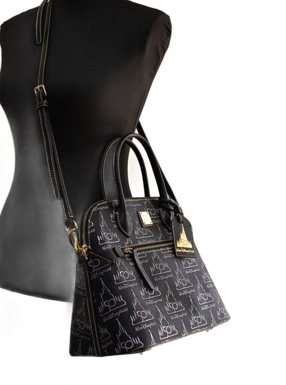Medium Crossbody Satchel Handbag by Dooney & Bourke for women in leather black, gold, red & patterned features a exquisite silhouette, showcasing a secure zipper and exquisite with versatile crossbody-strap, adjustable-strap & detachable-strap for a exquisite finish.