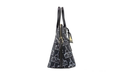 Medium Crossbody Satchel Handbag by Dooney & Bourke for women in leather black, gold, red & patterned features a ornamental silhouette, showcasing a secure zipper, ample , and ornamental crossbody-strap, adjustable-strap & detachable-strap for a sophisticated look.