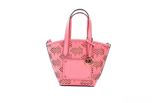 Small Crossbody Messenger Pouch Handbag by Michael Kors for women in faux leather gold, rose & patterned features an refined silhouette, showcasing a secure zipper, ample removable-pouch, and versatile crossbody-strap, adjustable-strap, detachable-strap & handle for a sophisticated refined aesthetic.