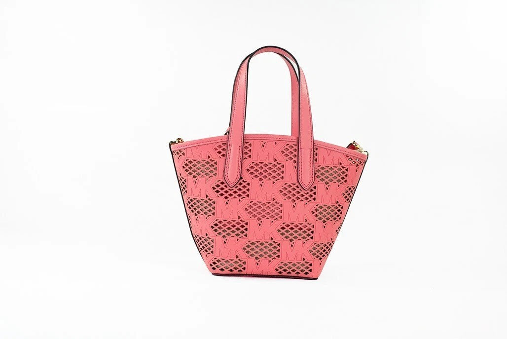 Small Crossbody Messenger Pouch Handbag by Michael Kors for women in faux leather gold, rose & patterned features a ornamental silhouette, showcasing a secure zipper, ample removable-pouch, and ornamental crossbody-strap, adjustable-strap, detachable-strap & handle for a sophisticated look.