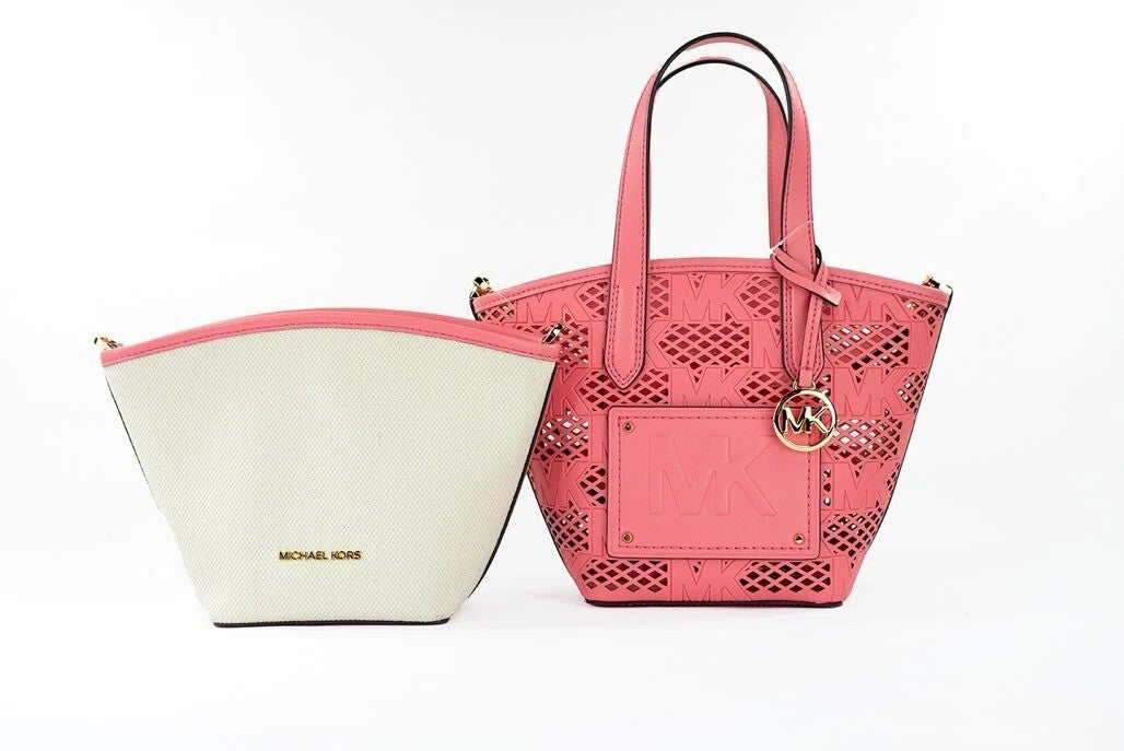 Small Crossbody Messenger Pouch Handbag by Michael Kors for women in faux leather gold, rose & patterned features an refined silhouette, showcasing a secure zipper, ample removable-pouch, and versatile crossbody-strap, adjustable-strap, detachable-strap & handle for a sophisticated refined aesthetic.