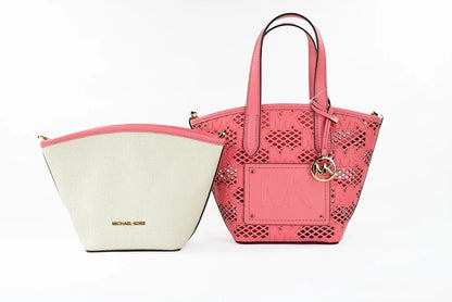 Small Crossbody Messenger Pouch Handbag by Michael Kors for women in faux leather gold, rose & patterned features an refined silhouette, showcasing a secure zipper, ample removable-pouch, and versatile crossbody-strap, adjustable-strap, detachable-strap & handle for a sophisticated refined aesthetic.