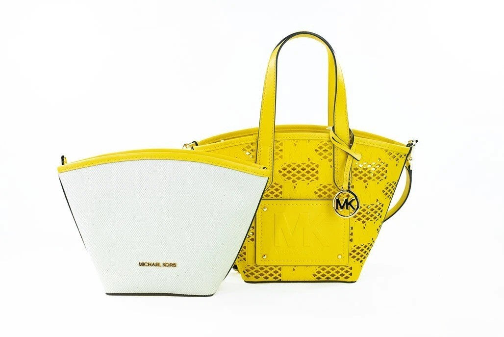 Small Crossbody Messenger Pouch Handbag by Michael Kors for women in faux leather gold & yellow features a signature silhouette, showcasing a secure zipper and signature removable-pouch with versatile crossbody-strap, adjustable-strap, detachable-strap & handle for a sophisticated look.