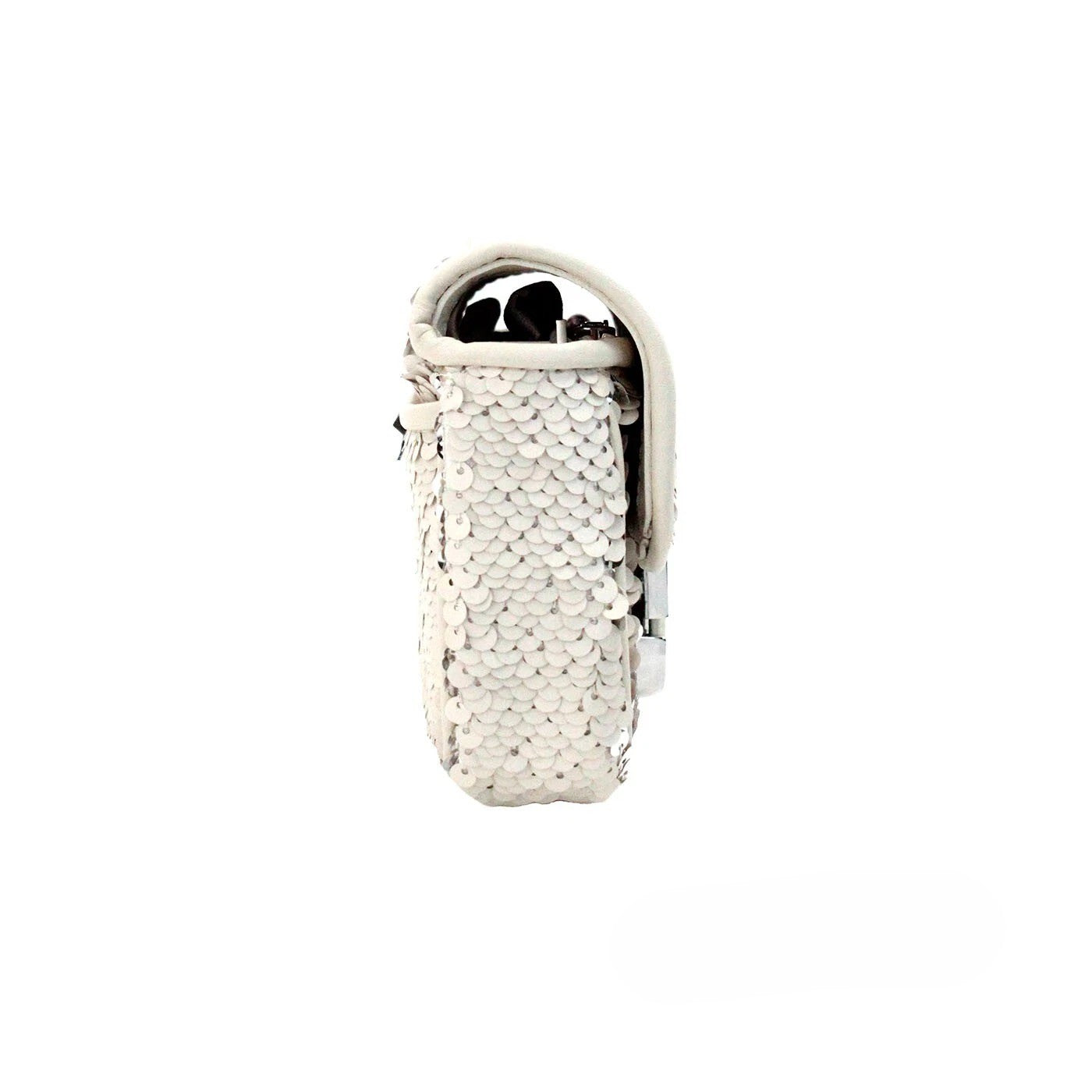 Mini 2-in-1 Shoulder & Crossbody Evening Handbag by Marc Jacobs for women in leather cream & silver features a transformative elegance silhouette, showcasing a secure zipper & magnetic, organized cardholder, and versatile crossbody-strap, shoulder-strap & adjustable-strap for a transformative elegance look.