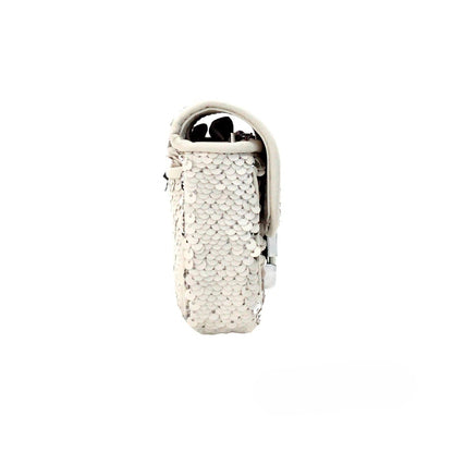 Mini 2-in-1 Shoulder & Crossbody Evening Handbag by Marc Jacobs for women in leather cream & silver features a transformative elegance silhouette, showcasing a secure zipper & magnetic, organized cardholder, and versatile crossbody-strap, shoulder-strap & adjustable-strap for a transformative elegance look.