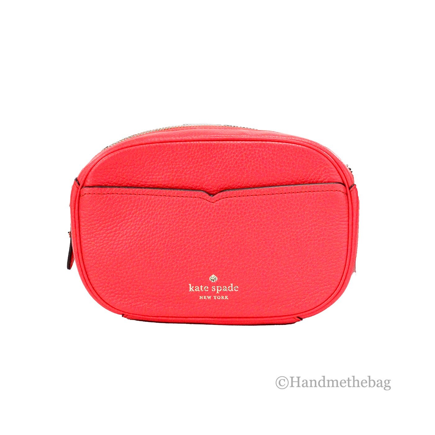 Small Travel Camera Crossbody Handbag by Kate Spade for women in pebbled leather beige, gold & pink features a versatile chic silhouette, meticulously detailed with a secure zipper, ample , and versatile crossbody-strap & adjustable-strap.