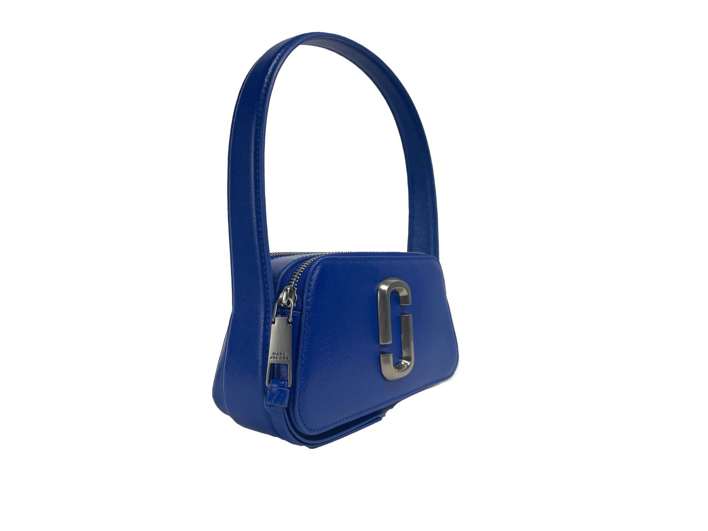 Small Shoulder Travel Bag by Marc Jacobs for women in leather blue & silver showcases a statuesque silhouette, artfully detailed with a secure zipper, organized , and versatile shoulder-strap for a statuesque look.