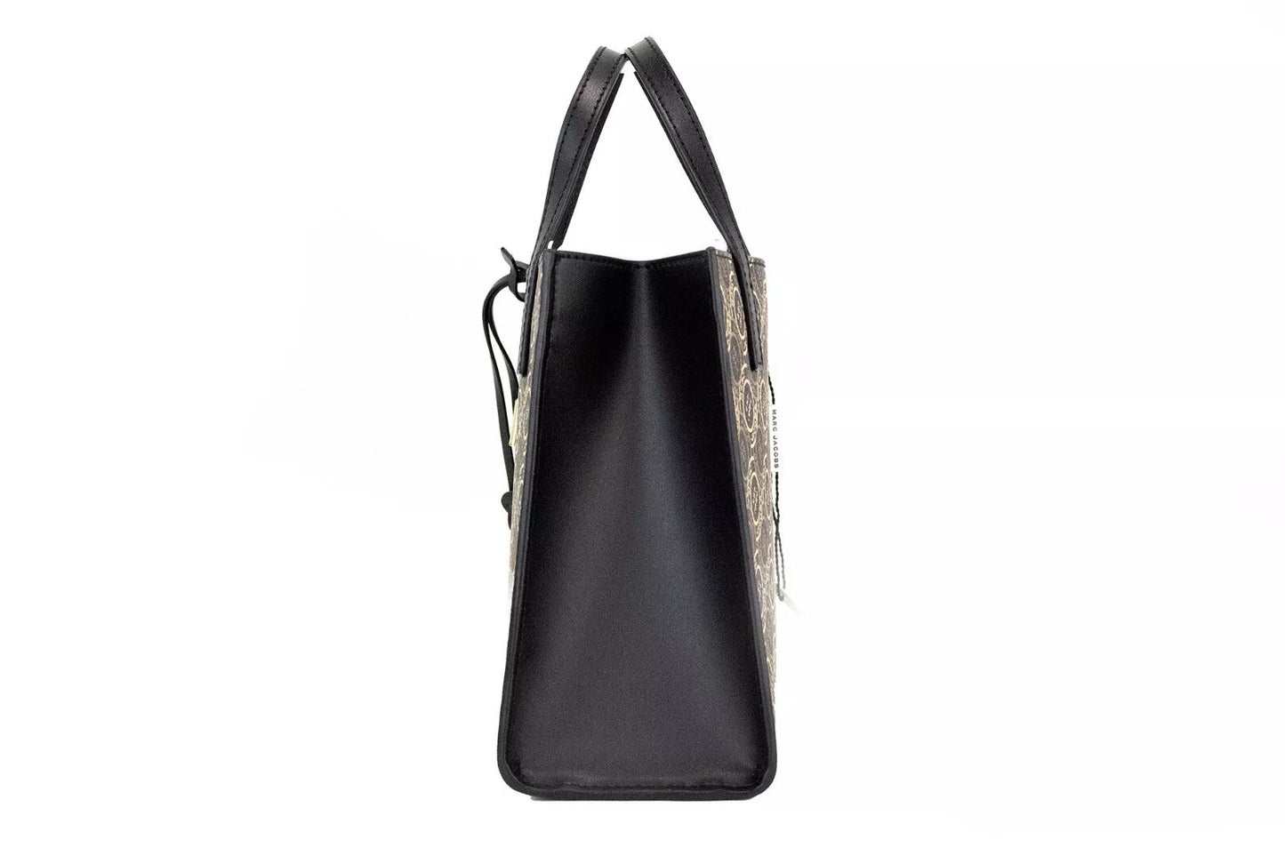 Mini Crossbody Travel Tote Handbag by Marc Jacobs for women in faux patent leather black, gold, orange & print features a signature silhouette, showcasing a secure zipper and signature with versatile crossbody-strap, adjustable-strap, detachable-strap & handle for a sophisticated look.