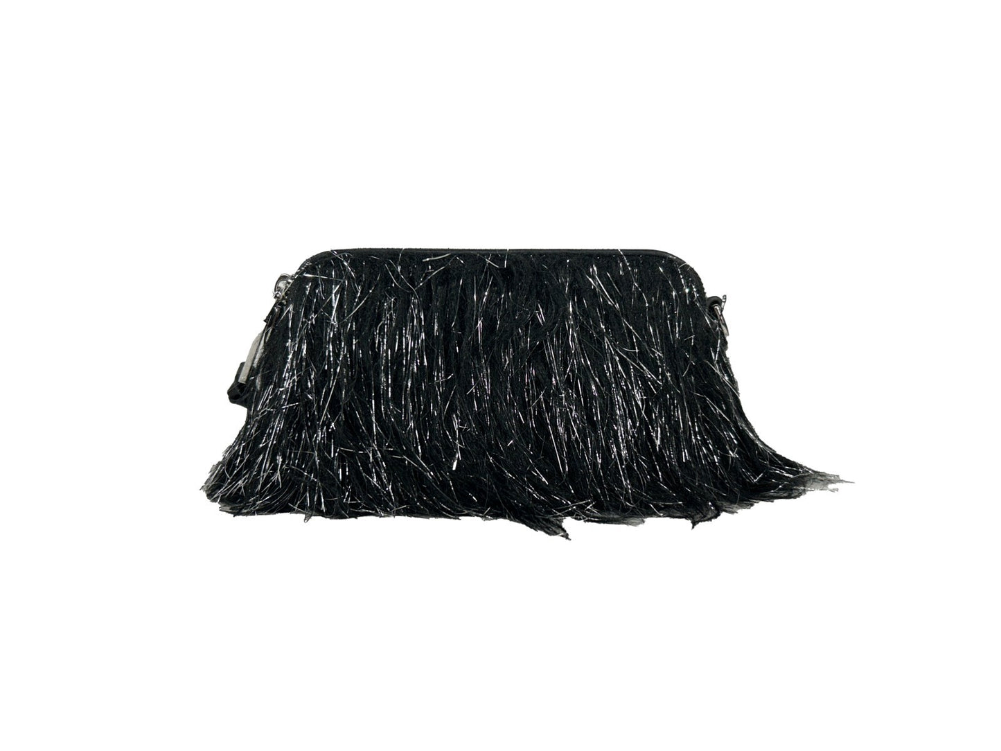 Small 2-in-1 Shoulder & Crossbody Travel Handbag by Marc Jacobs for women in leather & fur black & silver features a transformative elegance silhouette, showcasing a secure zipper & magnetic, organized , and versatile crossbody-strap, shoulder-strap, adjustable-strap & detachable-strap for a transformative elegance look.