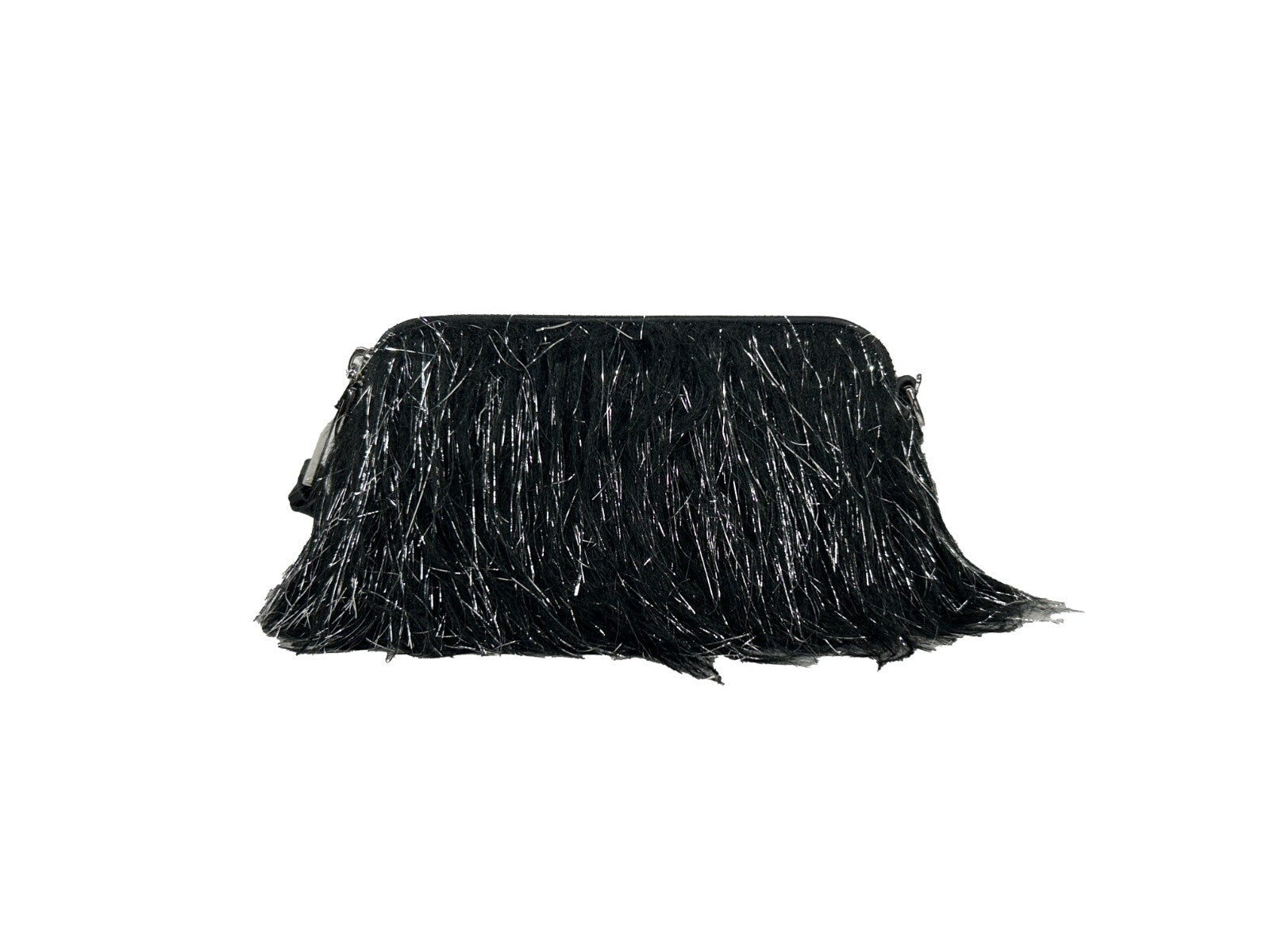 Small 2-in-1 Shoulder & Crossbody Travel Handbag by Marc Jacobs for women in leather & fur black & silver features a transformative elegance silhouette, showcasing a secure zipper & magnetic, organized , and versatile crossbody-strap, shoulder-strap, adjustable-strap & detachable-strap for a transformative elegance look.
