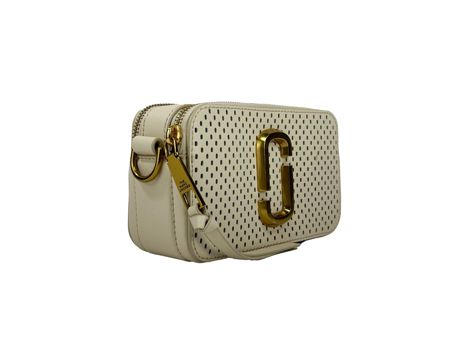 Compact 2-in-1 Shoulder & Crossbody Handbag by Marc Jacobs for women in canvas & leather black, cream & gold features a versatile chic silhouette, meticulously detailed with a secure zipper, ample , and versatile crossbody-strap, shoulder-strap, adjustable-strap & detachable-strap.