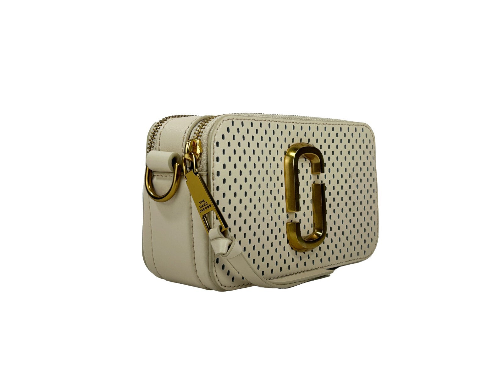 Compact 2-in-1 Shoulder & Crossbody Handbag by Marc Jacobs for women in canvas & leather black, cream & gold features a versatile chic silhouette, meticulously detailed with a secure zipper, ample , and versatile crossbody-strap, shoulder-strap, adjustable-strap & detachable-strap.