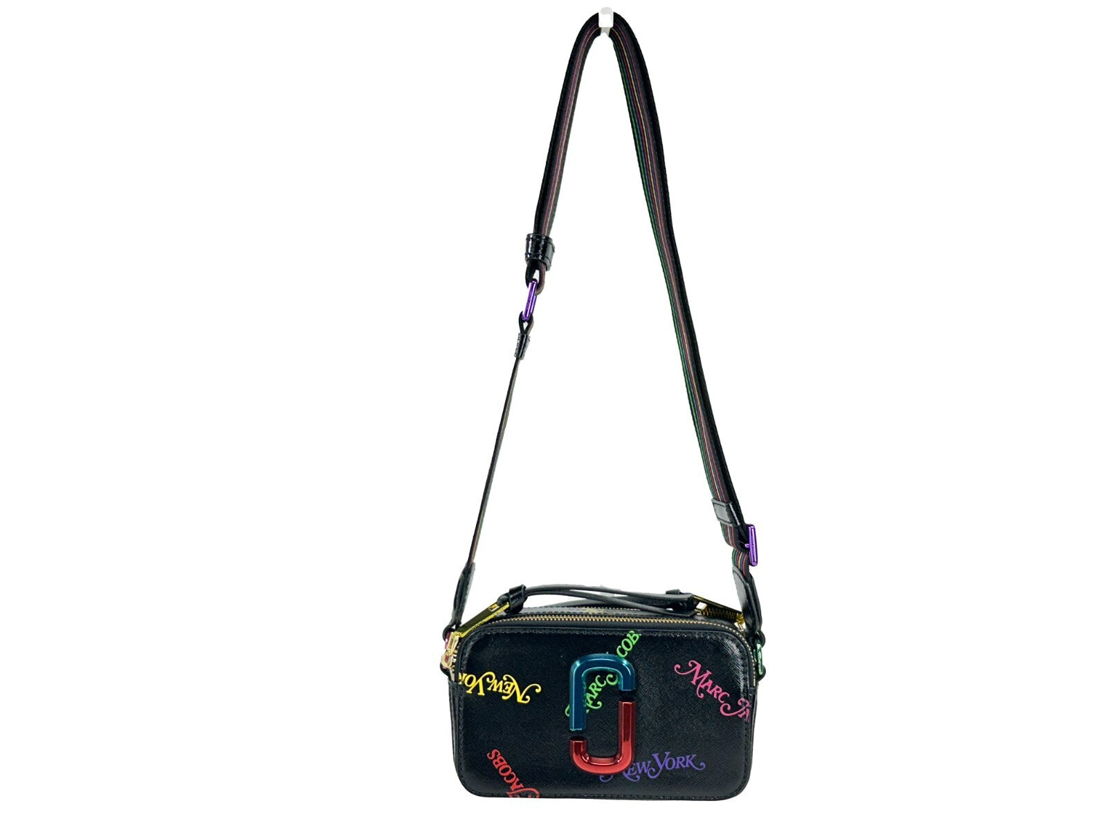 Small Crossbody Travel Handbag by Marc Jacobs for women in cotton polyester canvas black, gold & rainbow features an refined silhouette, showcasing a secure zipper, ample , and versatile crossbody-strap, shoulder-strap, adjustable-strap & detachable-strap for a sophisticated refined aesthetic.