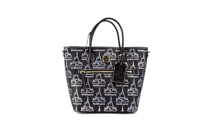 Medium Crossbody Travel Tote Bag by Dooney & Bourke for women in leather black, gold & patterned features an jet-setting Walt Disney World 50Th Anniversary Leather Medium Crossbody Travel Tote Bag design with a secure zipper, jet-setting , and versatile crossbody-strap, adjustable-strap, detachable-strap & handle for a jet-setting look.