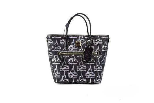 Medium Crossbody Travel Tote Bag by Dooney & Bourke for women in leather black, gold & patterned features an jet-setting Walt Disney World 50Th Anniversary Leather Medium Crossbody Travel Tote Bag design with a secure zipper, jet-setting , and versatile crossbody-strap, adjustable-strap, detachable-strap & handle for a jet-setting look.