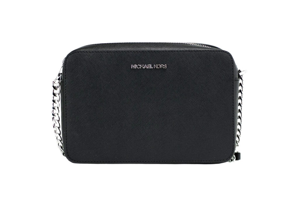 Large East West Crossbody Handbag by Michael Kors for women in leather & rubber black & silver features a versatile chic silhouette, meticulously detailed with a secure zipper, ample , and versatile crossbody-strap & adjustable-strap.