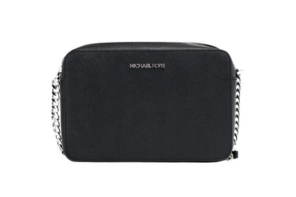 Large East West Crossbody Handbag by Michael Kors for women in leather & rubber black & silver features a versatile chic silhouette, meticulously detailed with a secure zipper, ample , and versatile crossbody-strap & adjustable-strap.