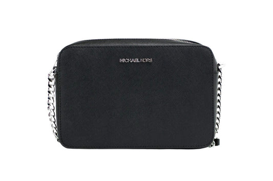 Large East West Crossbody Handbag by Michael Kors for women in leather & rubber black & silver features a versatile chic silhouette, meticulously detailed with a secure zipper, ample , and versatile crossbody-strap & adjustable-strap.