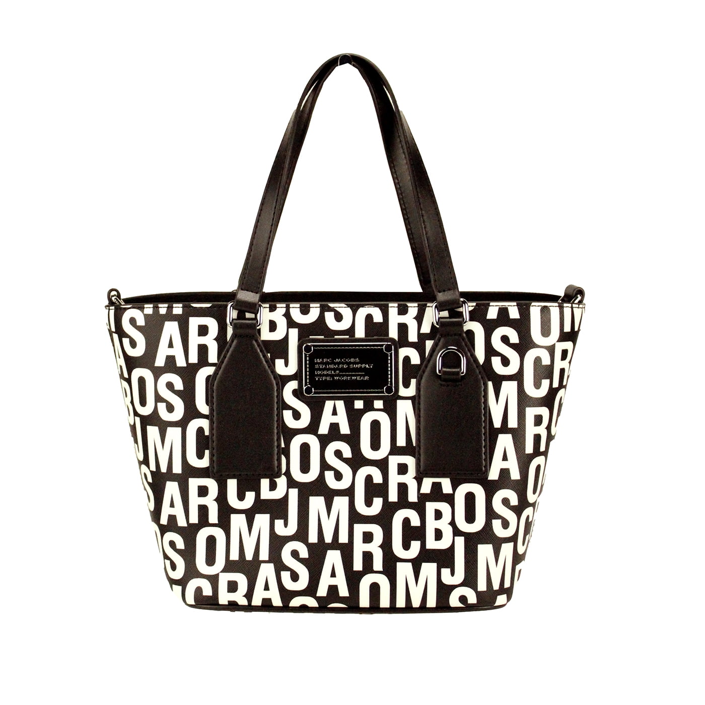 Small Crossbody Travel Tote Handbag by Marc Jacobs for women in leather & rubber black, silver, white, patterned, monogram & print features a multifaceted silhouette, showcasing a secure zipper and multifaceted with versatile crossbody-strap, adjustable-strap, detachable-strap & handle for multifaceted style.