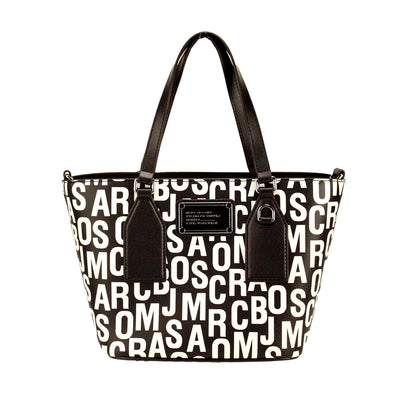 Small Crossbody Travel Tote Handbag by Marc Jacobs for women in leather & rubber black, silver, white, patterned, monogram & print features a multifaceted silhouette, showcasing a secure zipper and multifaceted with versatile crossbody-strap, adjustable-strap, detachable-strap & handle for multifaceted style.
