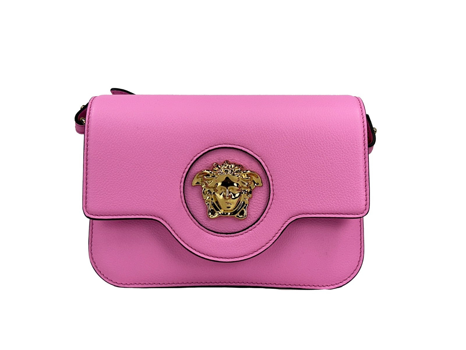 Crossbody Evening Flap Handbag by Versace for women in leather gold & pink showcases a versatile sophistication silhouette, featuring a secure flap & magnetic, versatile sophistication , and versatile crossbody-strap, adjustable-strap & detachable-strap for a versatile sophistication finish.