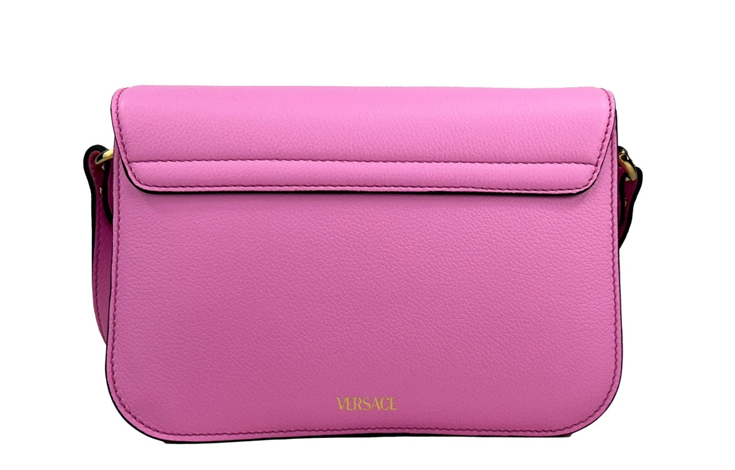 Crossbody Evening Flap Handbag by Versace for women in leather gold & pink features a versatile chic silhouette, meticulously detailed with a secure flap & magnetic, ample , and versatile crossbody-strap, adjustable-strap & detachable-strap.