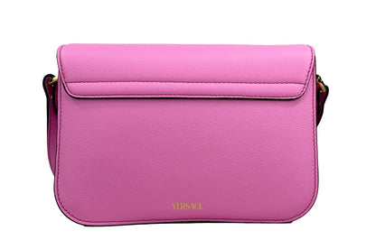 Crossbody Evening Flap Handbag by Versace for women in leather gold & pink features a versatile chic silhouette, meticulously detailed with a secure flap & magnetic, ample , and versatile crossbody-strap, adjustable-strap & detachable-strap.