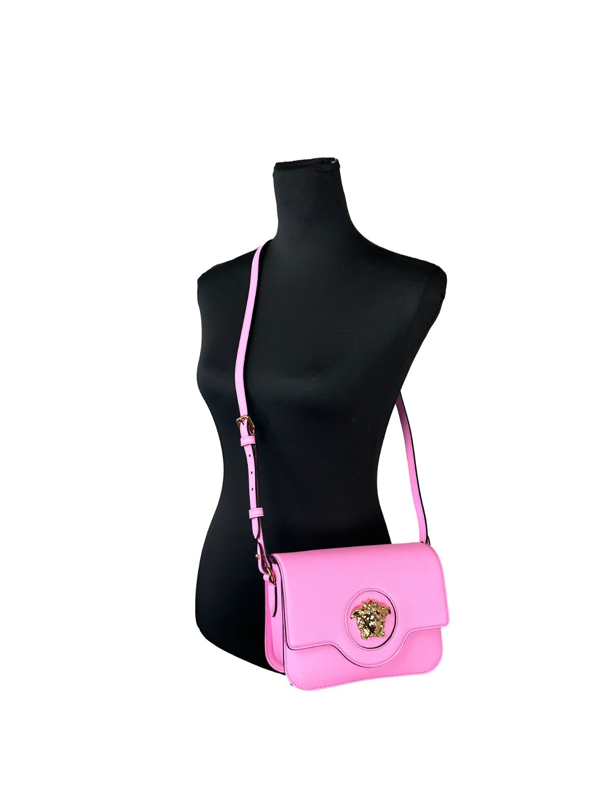 Crossbody Evening Flap Handbag by Versace for women in leather gold & pink features a transformative sophistication silhouette, showcasing a secure flap & magnetic, ample , and versatile crossbody-strap, adjustable-strap & detachable-strap for a transformative sophistication look.